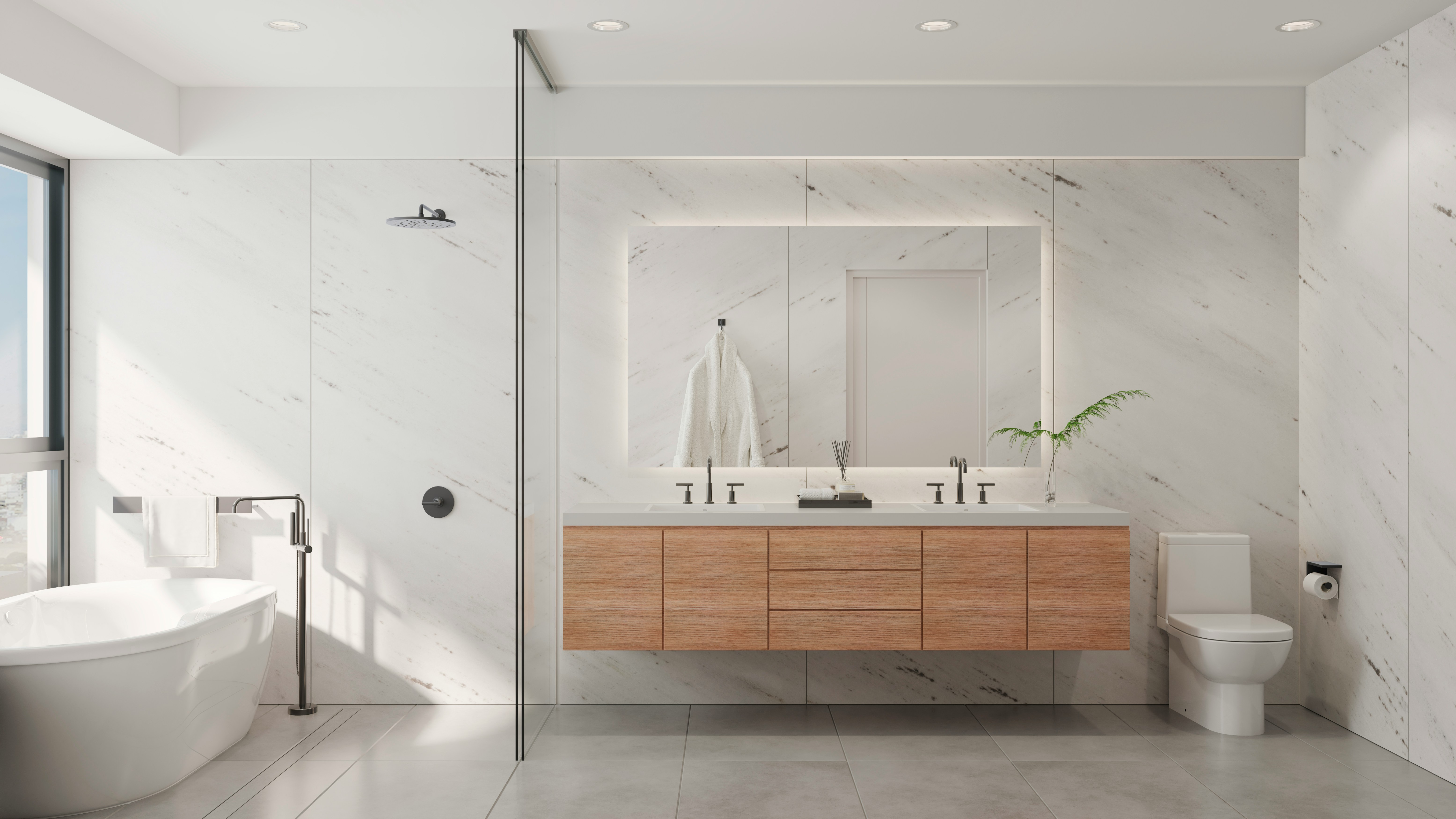 Modern bathroom with a freestanding tub, wooden vanity, and large mirror.
