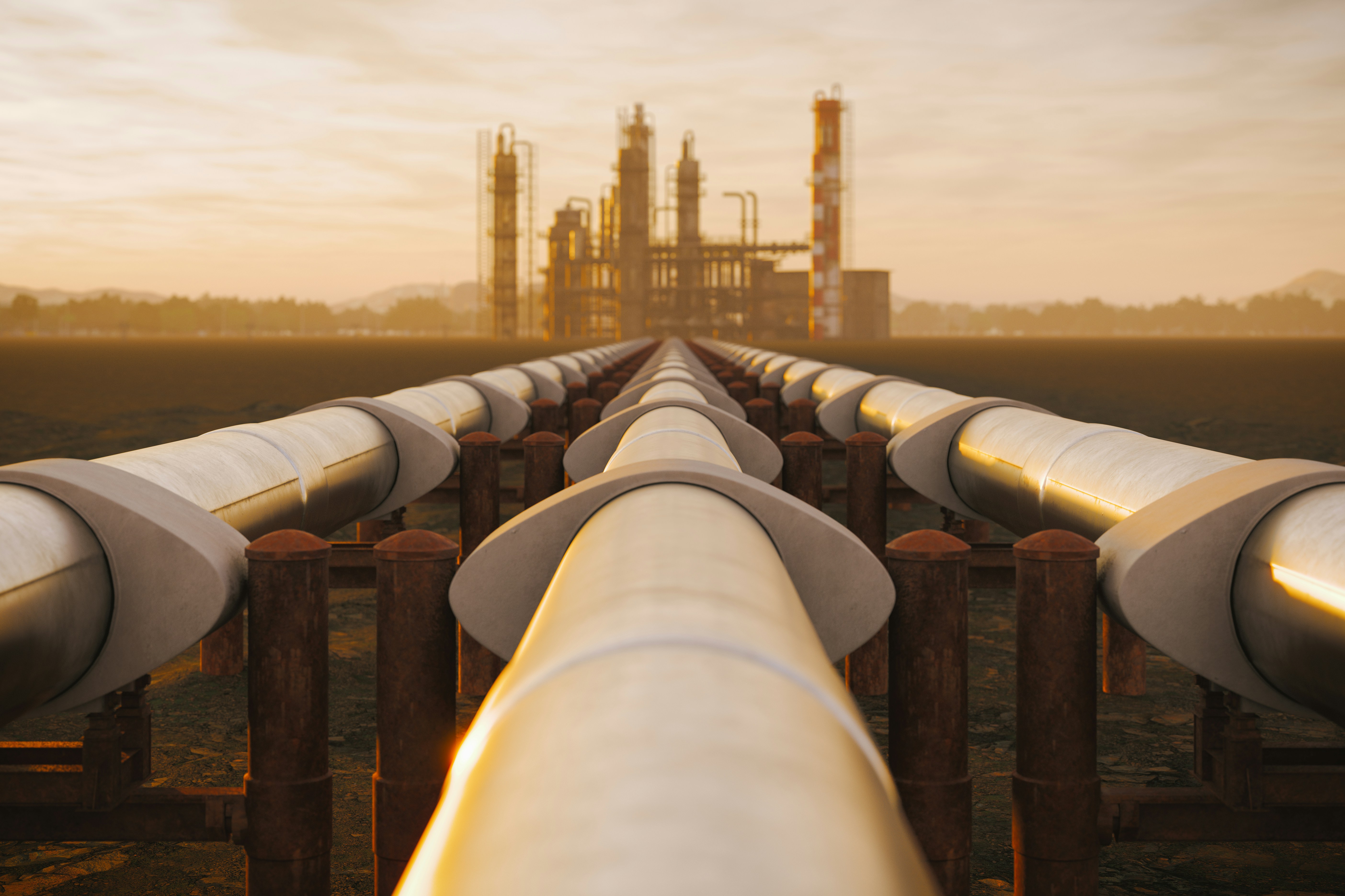 Long pipelines leading to an industrial facility at sunset